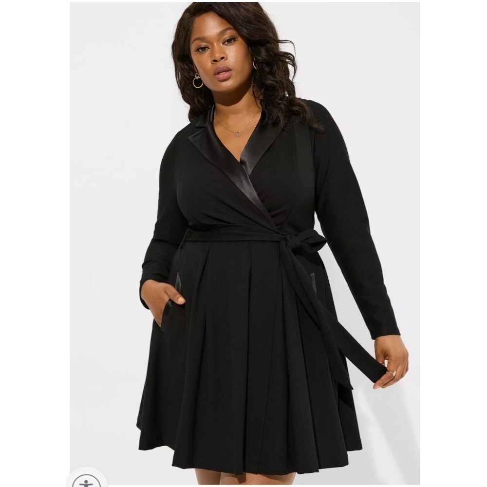 NWT Torrid Size 18 Black Mini Tuxedo Belted Skater Dress Satin Collar Trim